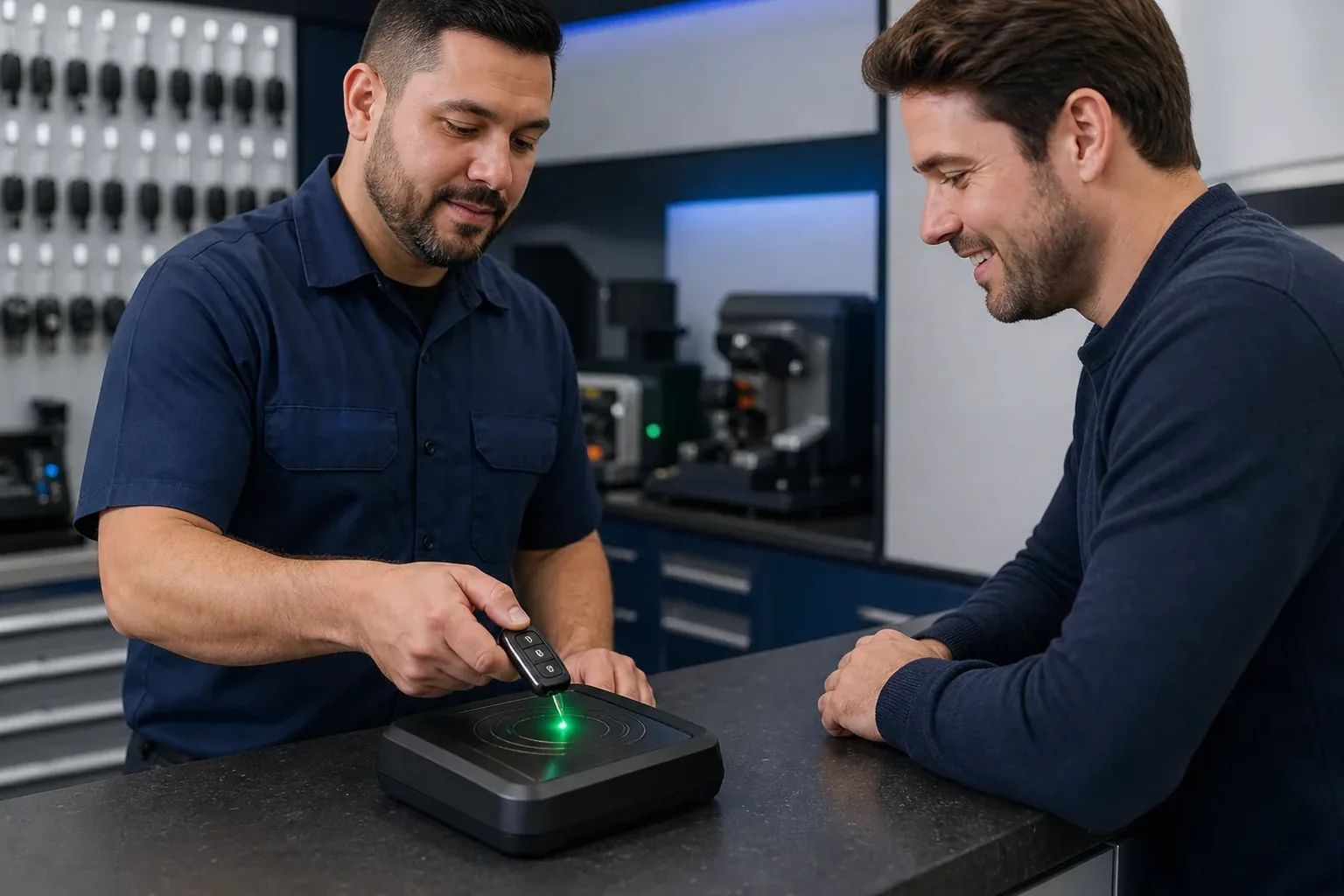 Chaveiro em Patos programando um controle remoto de automóvel.