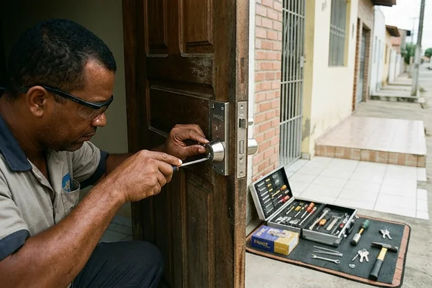 Fechadura de segurança em uma porta de residência.